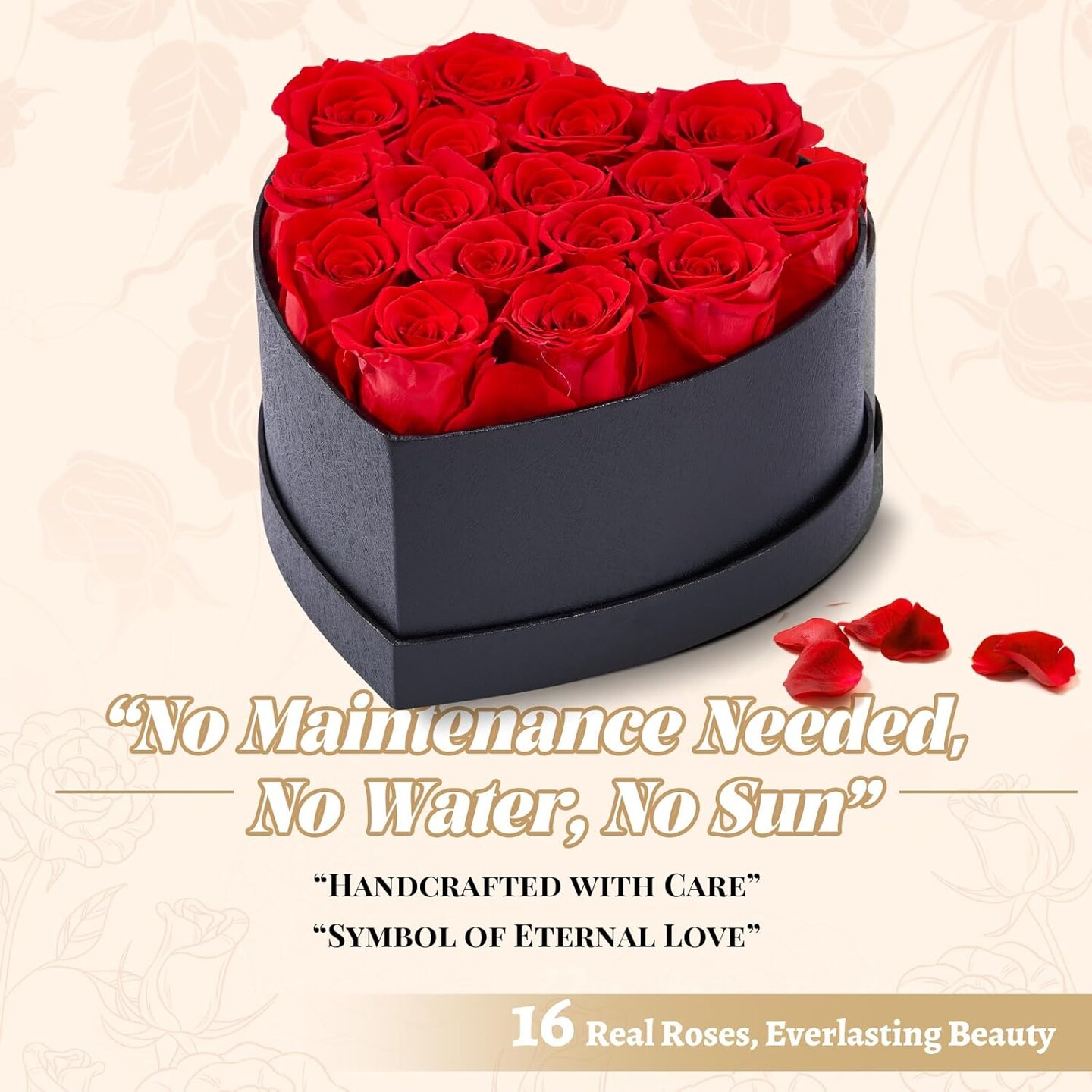 16 Preserved Roses in Heart-Shaped Box (Red) 7"D x 7"W x 4.5"H