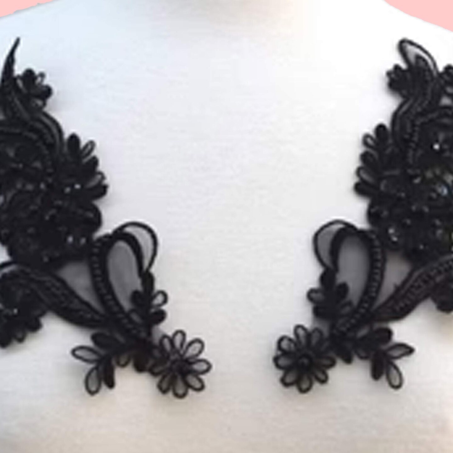 2 Piece Black Beaded Sequin Lace Applique 8.5x3.5 Inch Alencon Chiffon Set