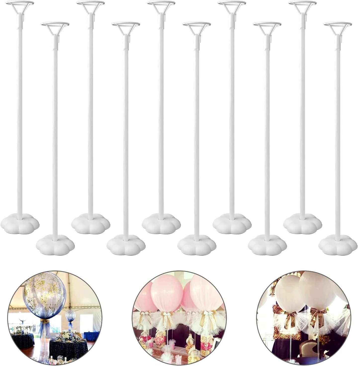 10 Sets Balloon Stick Stand with Base (Transparent,White) 15.6 x 3.99 x 2.5 inches