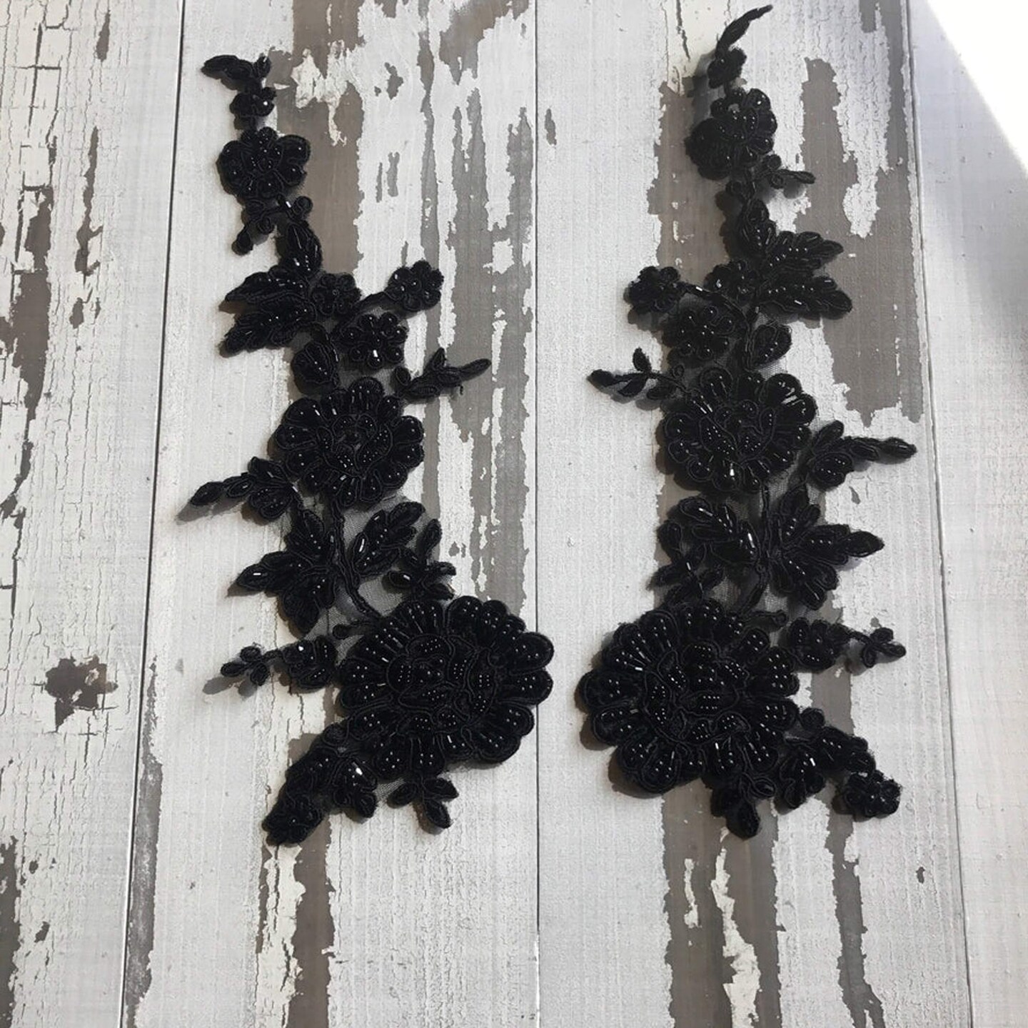1 Pair Black Flower Design Beaded Lace Applique Mirrored For Evening Gown