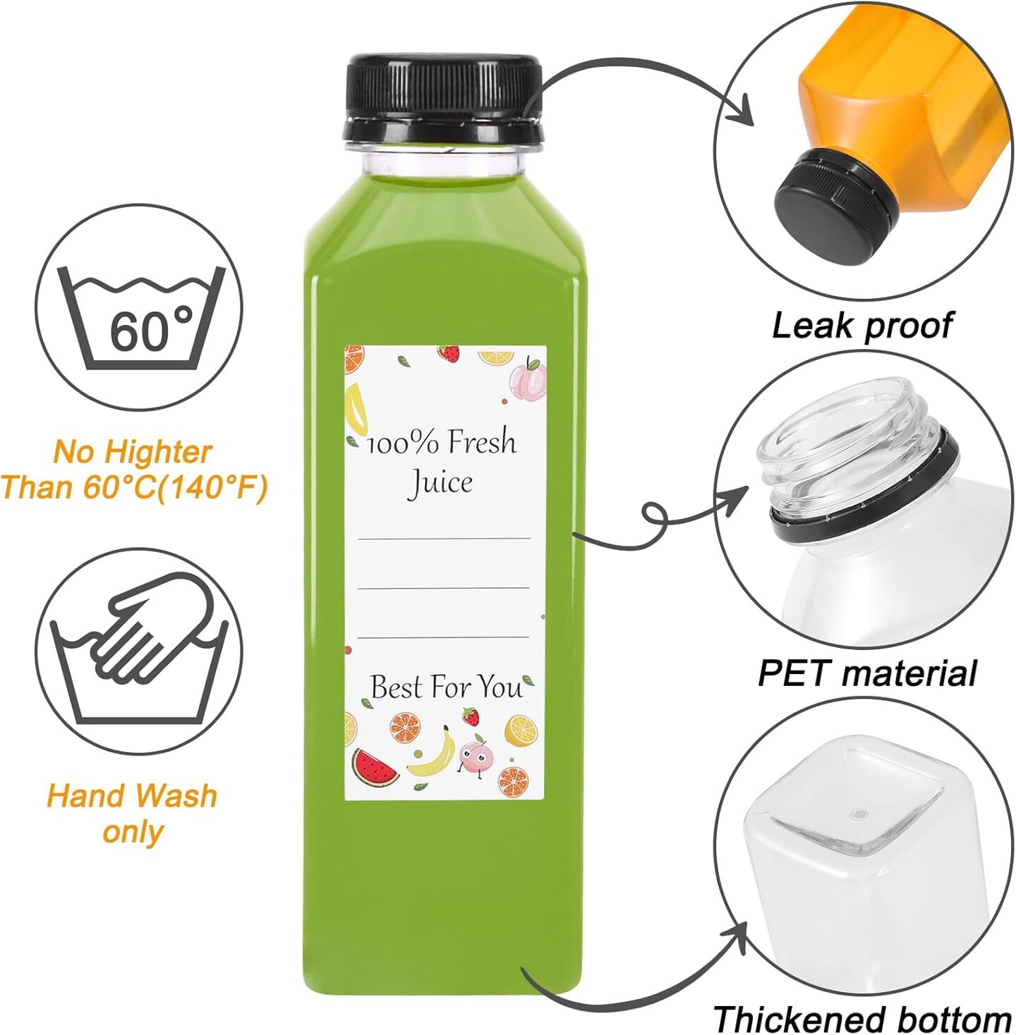 40Pcs 16 oz Empty Plastic Juice Bottles with Caps