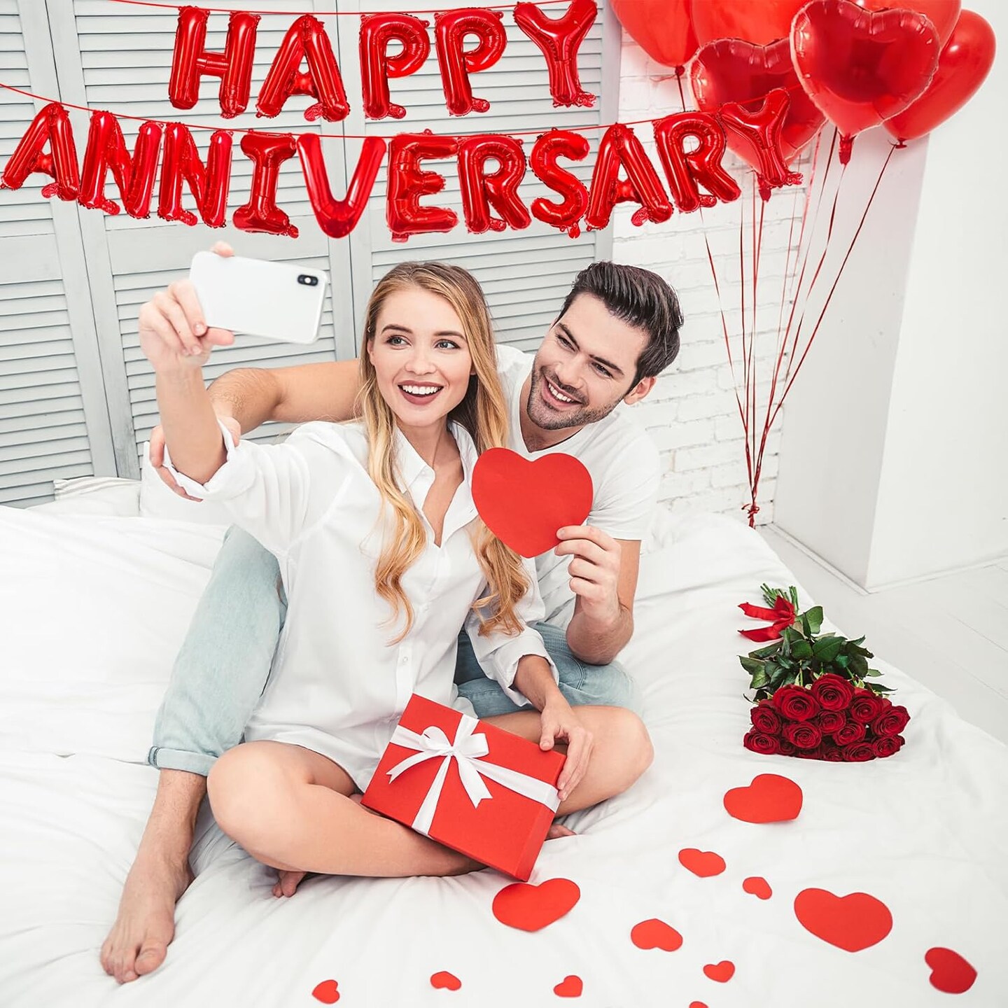 16" Red HAPPY ANNIVERSARY Letter Balloons with 18" Heart-Shaped Foil Balloons (Red)