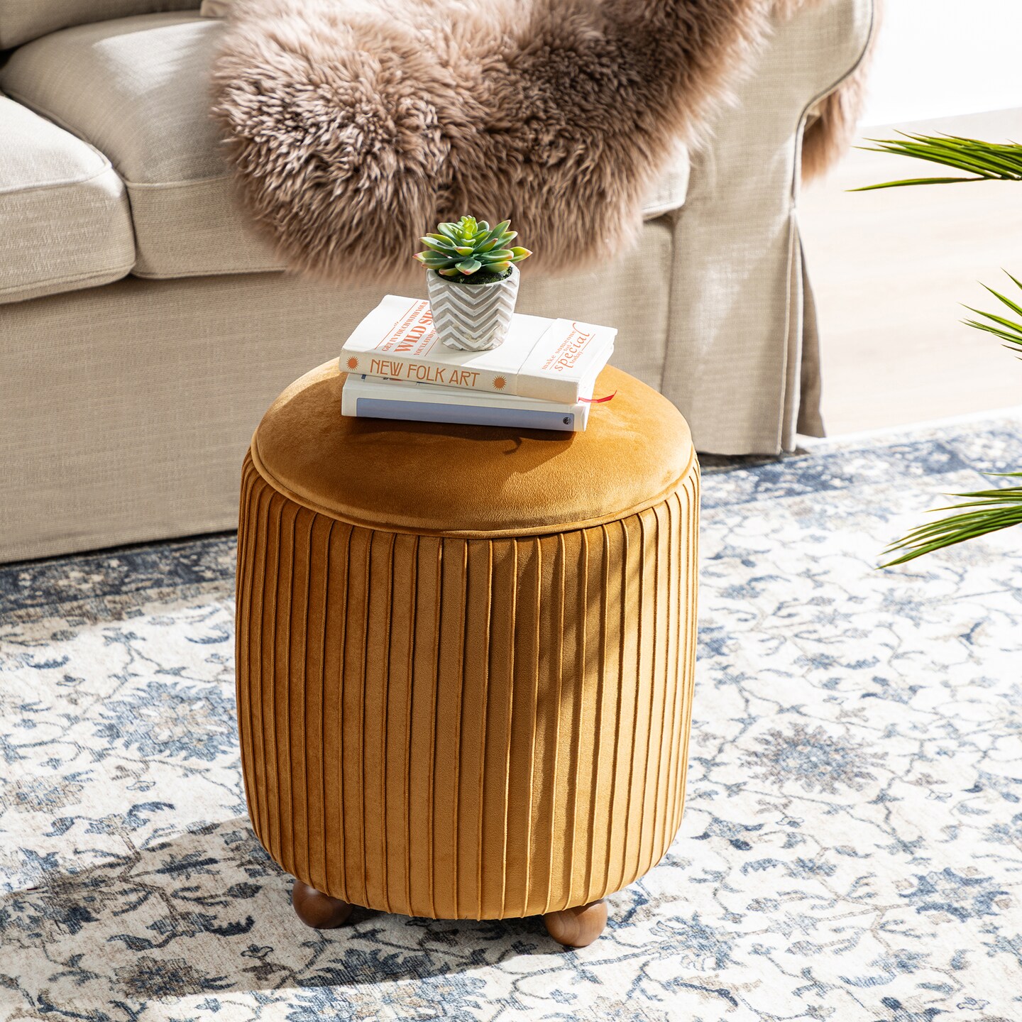 Modern Dusty Pleated Velvet Upholstered Storage Ottoman or Accent Stool with Rubberwood Ball Feet