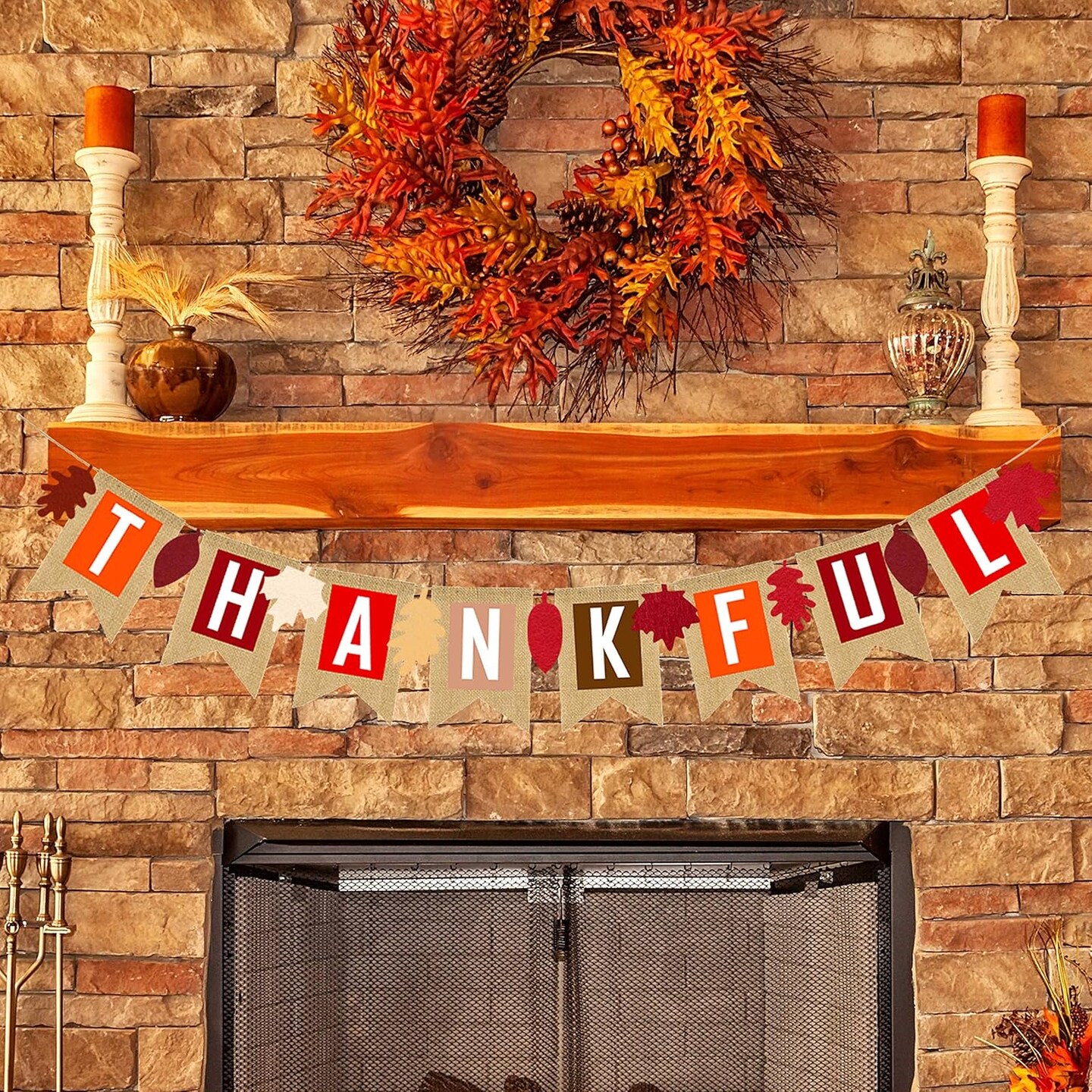 Thankful Burlap Banner Fall Autumn Maple Leaves Rustic Burlap