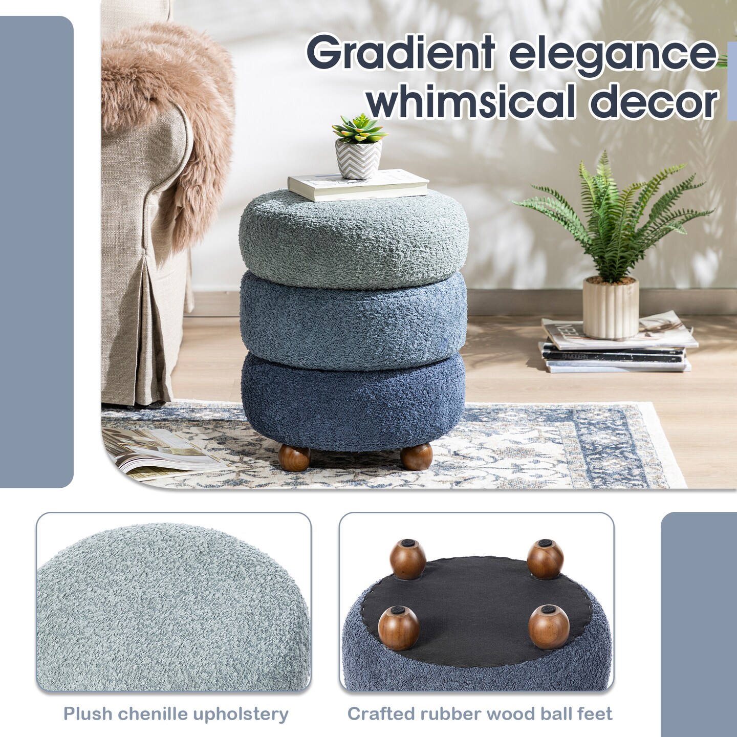 Modern Gradient Upholstered Storage Ottoman or Accent Stool with Rubberwood Ball Feet