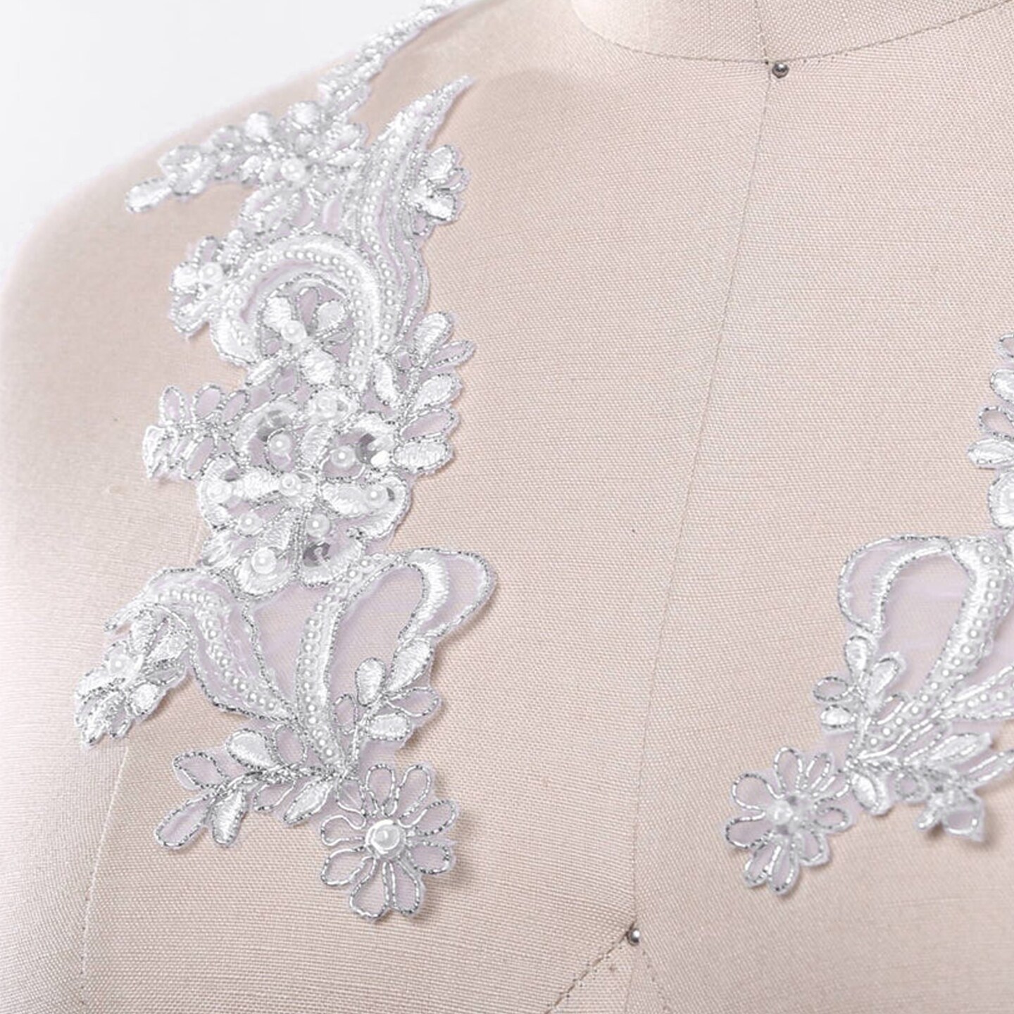 2 Pieces Shimmery White Silver Lace Applique Set With Pearl And Sequin Details 8.5 By 3.5 Inches