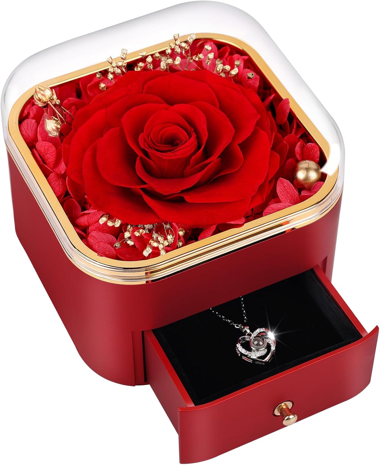 Preserved Red Real Rose with Necklace