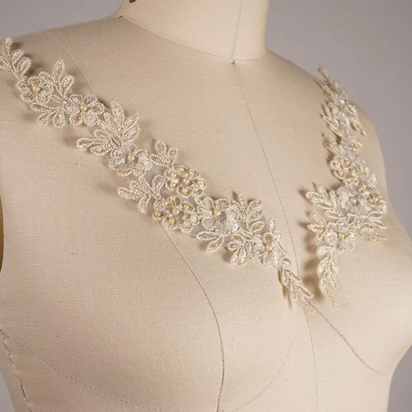 1 Pair Champagne Gold Alencon Lace Applique Metallic Beige with Pearls Symmetrical Design