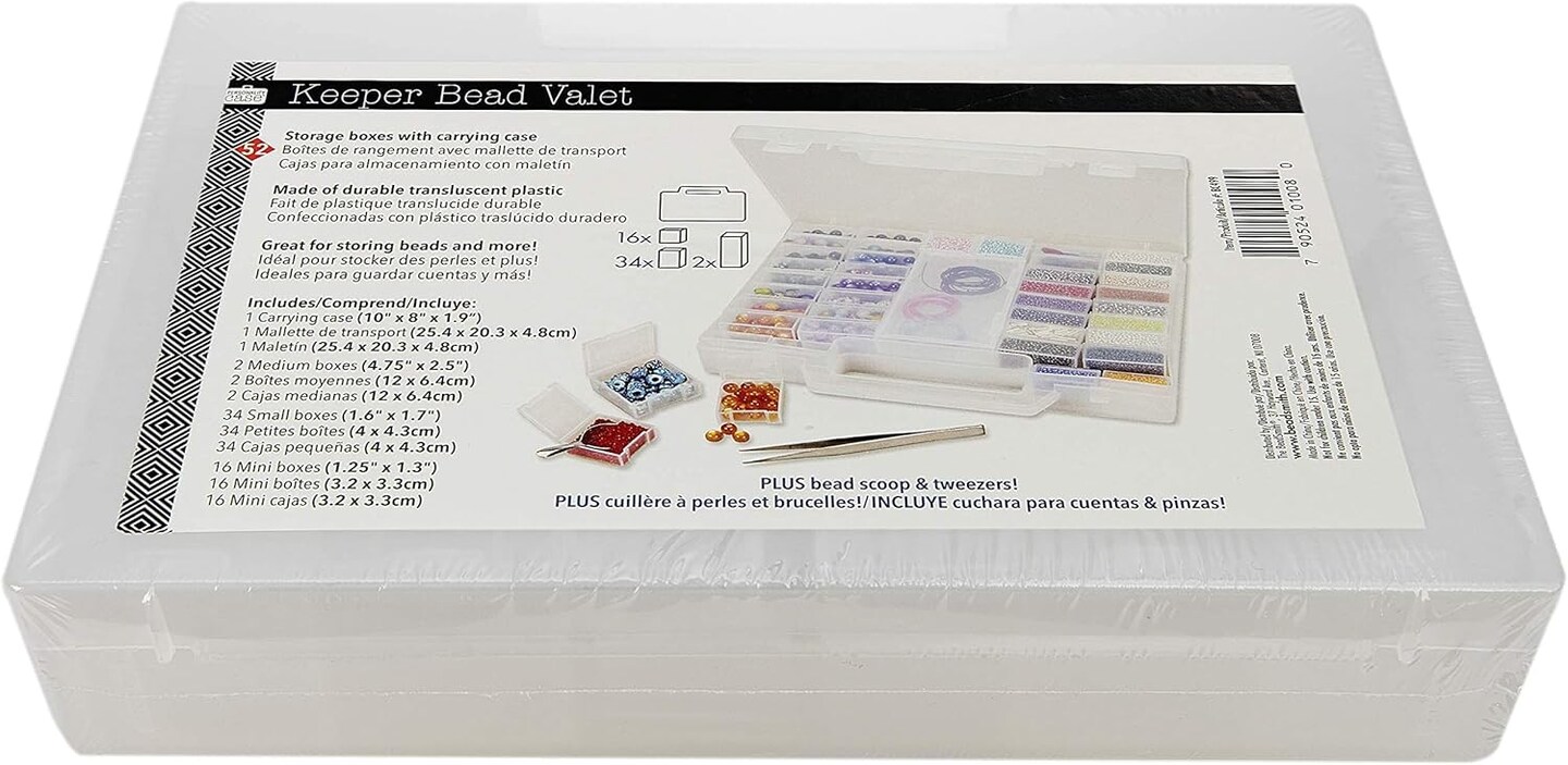 The Beadsmith Bead Organizer Carrying Case, 55 piece set, with removable compartments in assorted sizes, a carrying case, plus a bead scoop and tweezer.