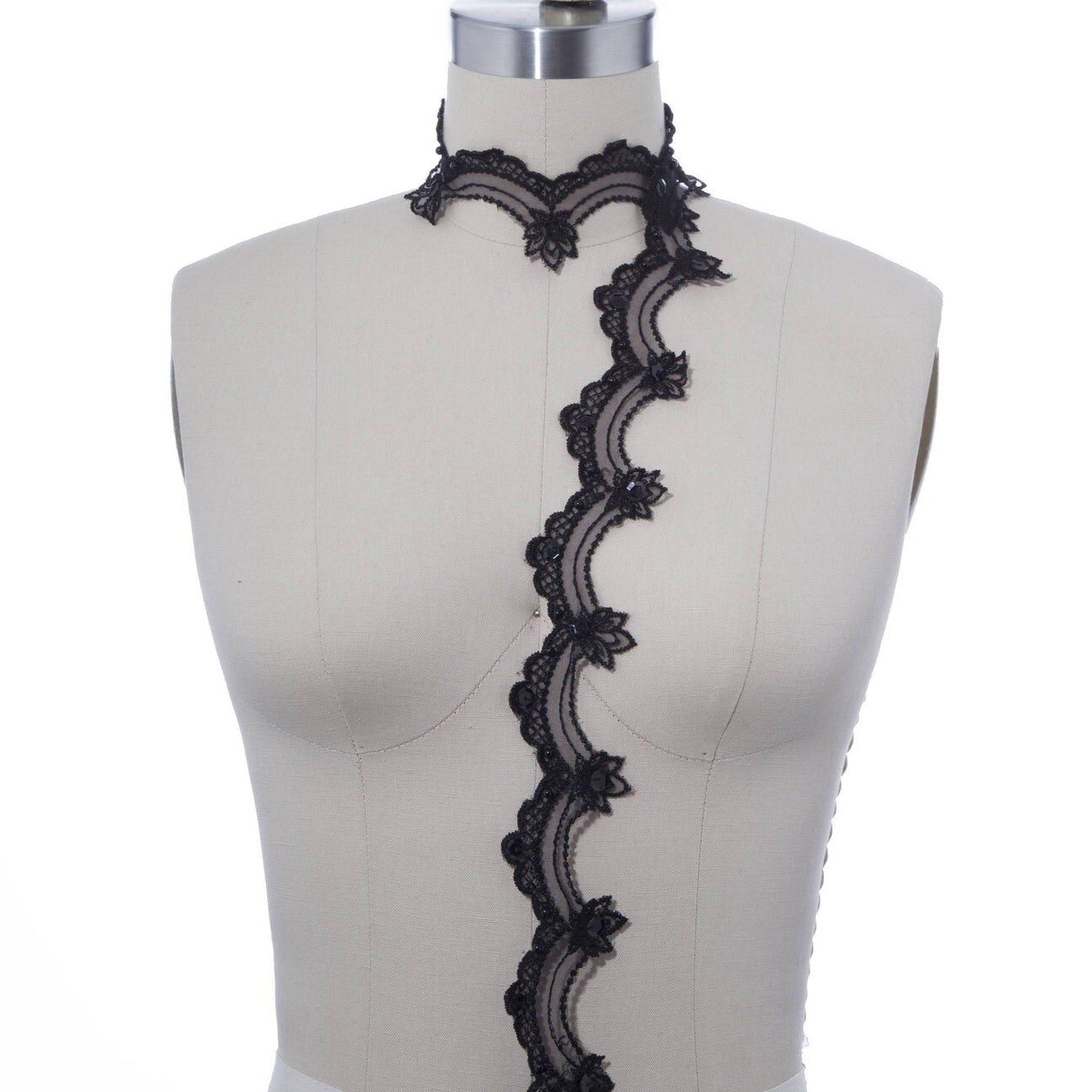 1 Inch Black Beaded Lace Trim On Clear Chiffon With Scalloped Arches 1 Yard For Formal Decor