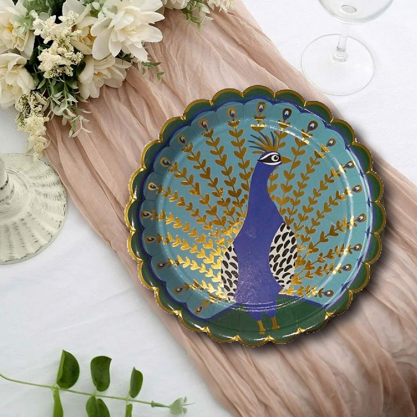 8 Count Ma Fete Tropical Peacock Theme Paper Dinner Plates Gold Foil Edge 9 Inch