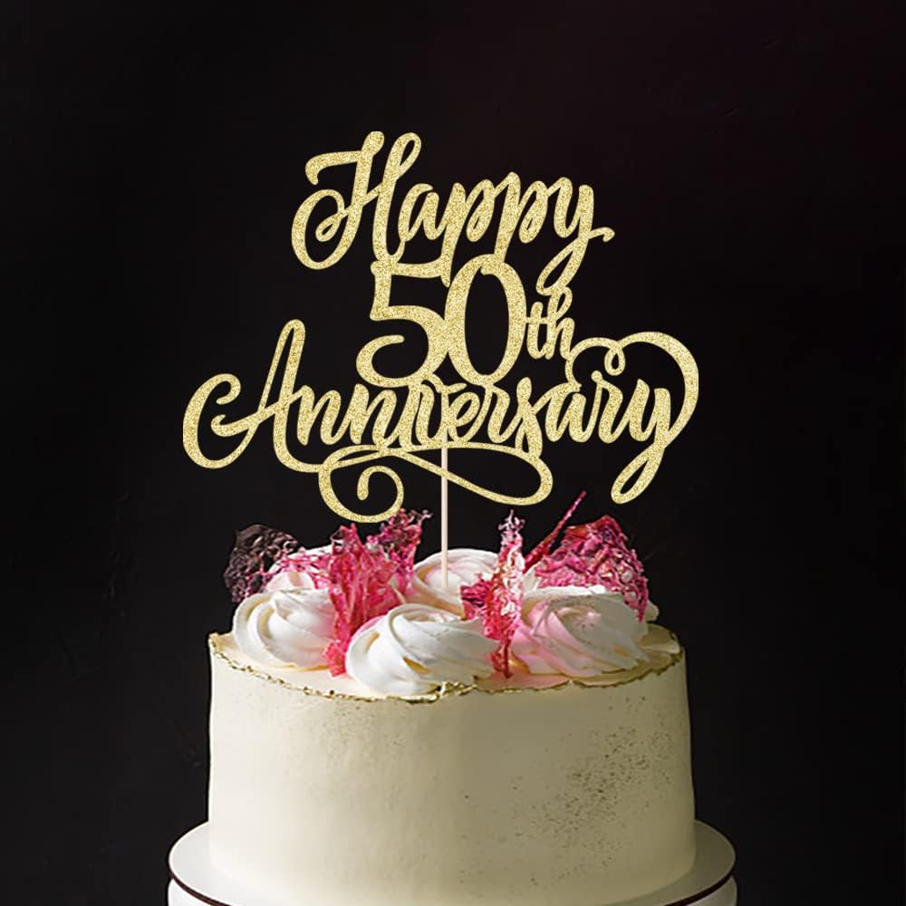 Happy 50th Anniversary Cake Topper - (Gold Glitter) 5"W x 6"H