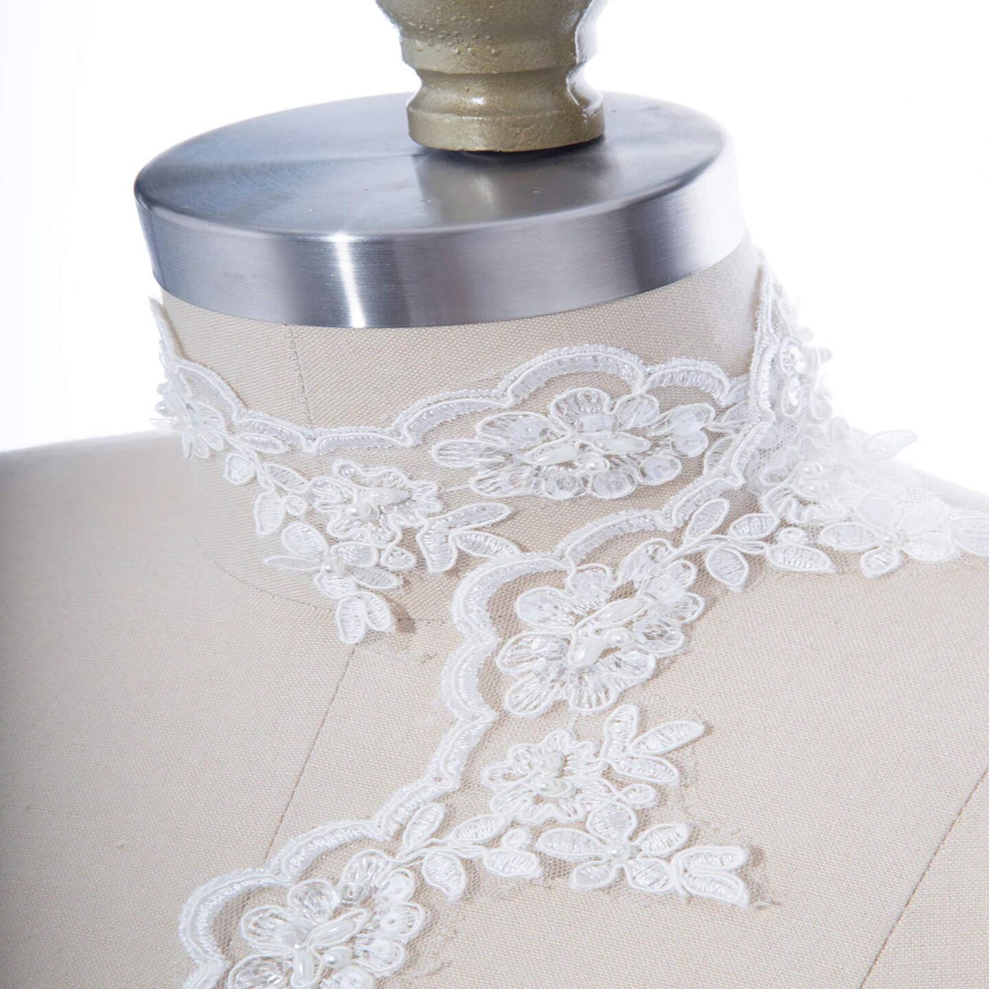 1 Yard White Beaded Arch Style Bridal Lace Trim 2.25 Inch Pearl Veil Edging