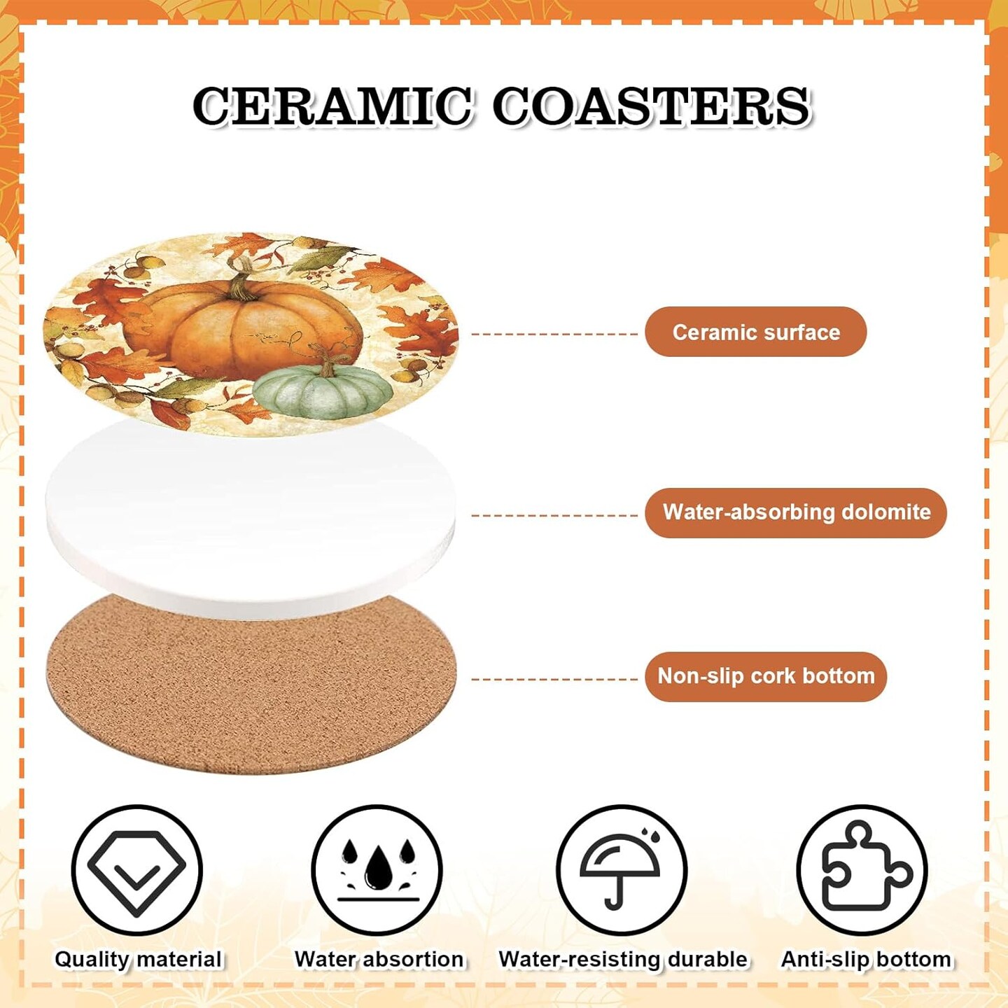 4Pcs Fall Thanksgiving Coasters Vintage Autumn Pumpkin Ceramic Drink Coasters
