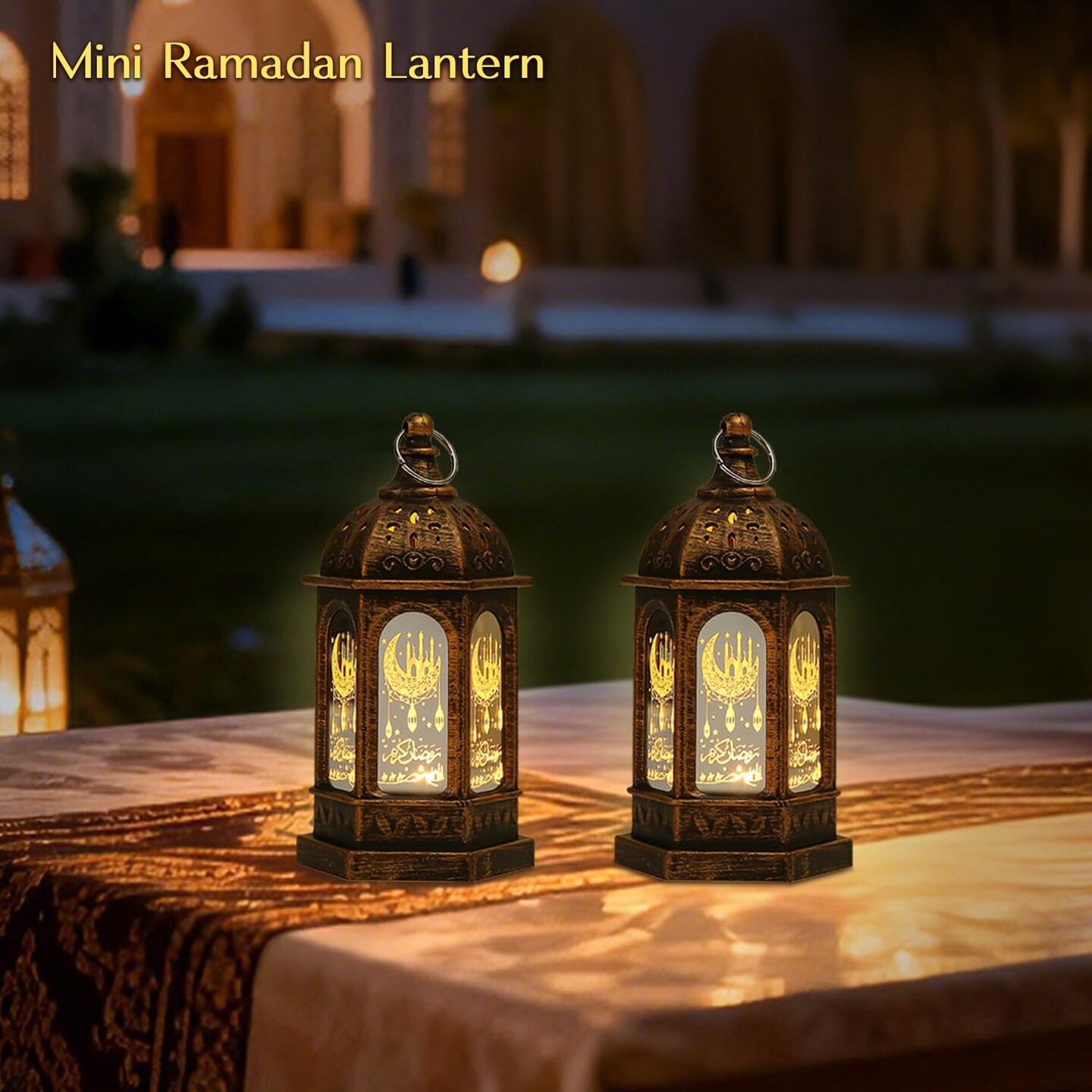 Ramadan Decorations, Ramadan Lantern Lights with Islamic Moon Star Decorations, Mini LED Hanging Lantern Decor, Eid Mubarak Decorations for Home Table Fireplace, Ramadan Eid Gifts 2 Pack