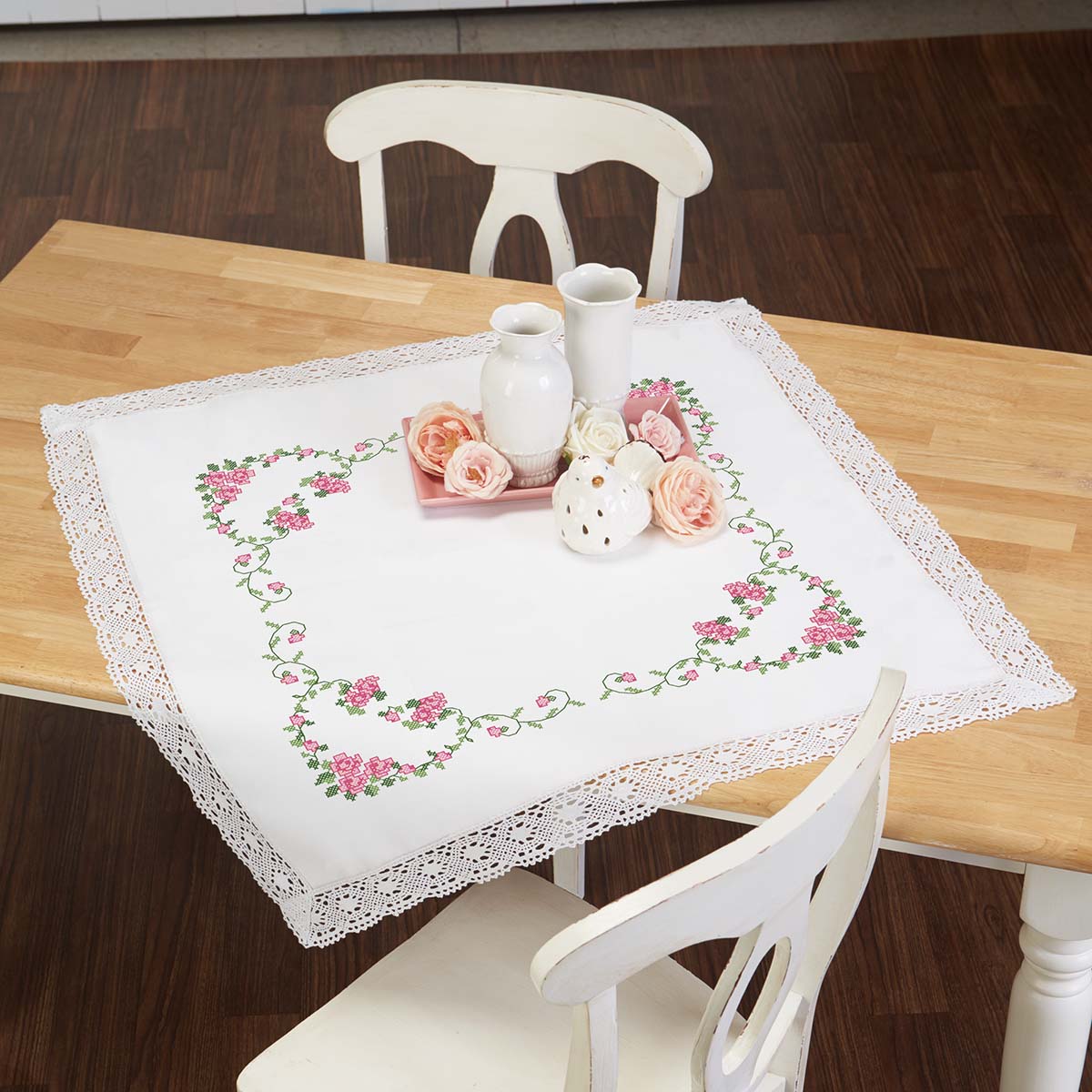 Herrschners Rose Heart Lace Trim Table Topper Stamped Cross-Stitch Kit ...