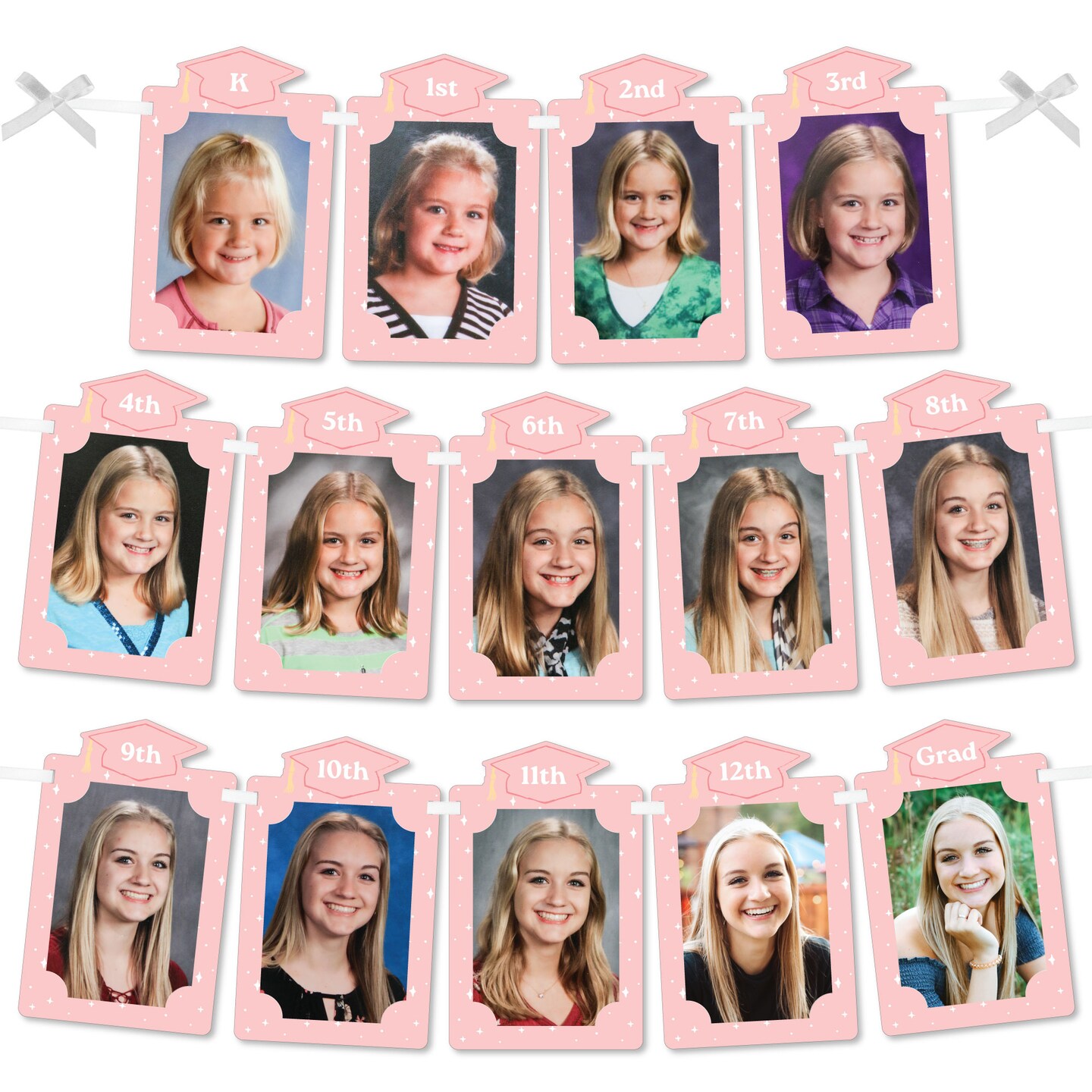 Big Dot of Happiness Pink Graduation Photo Banner, K-12 School Picture Display Garland Banner with Ribbon, DIY Rose Gold Grad Party Decoration