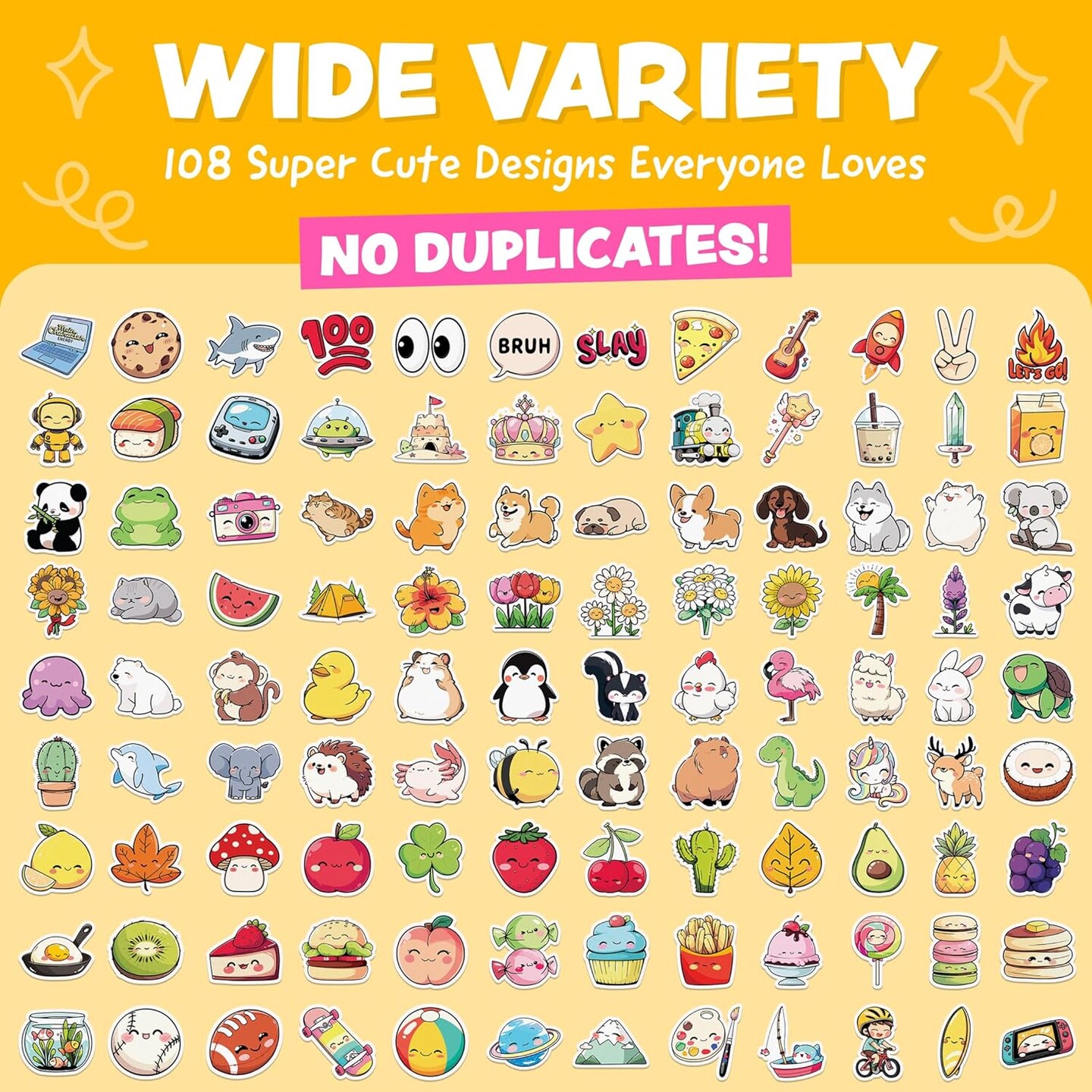 108pc Kawaii Water Bottle Stickers - Easy Peel Sticker Pack