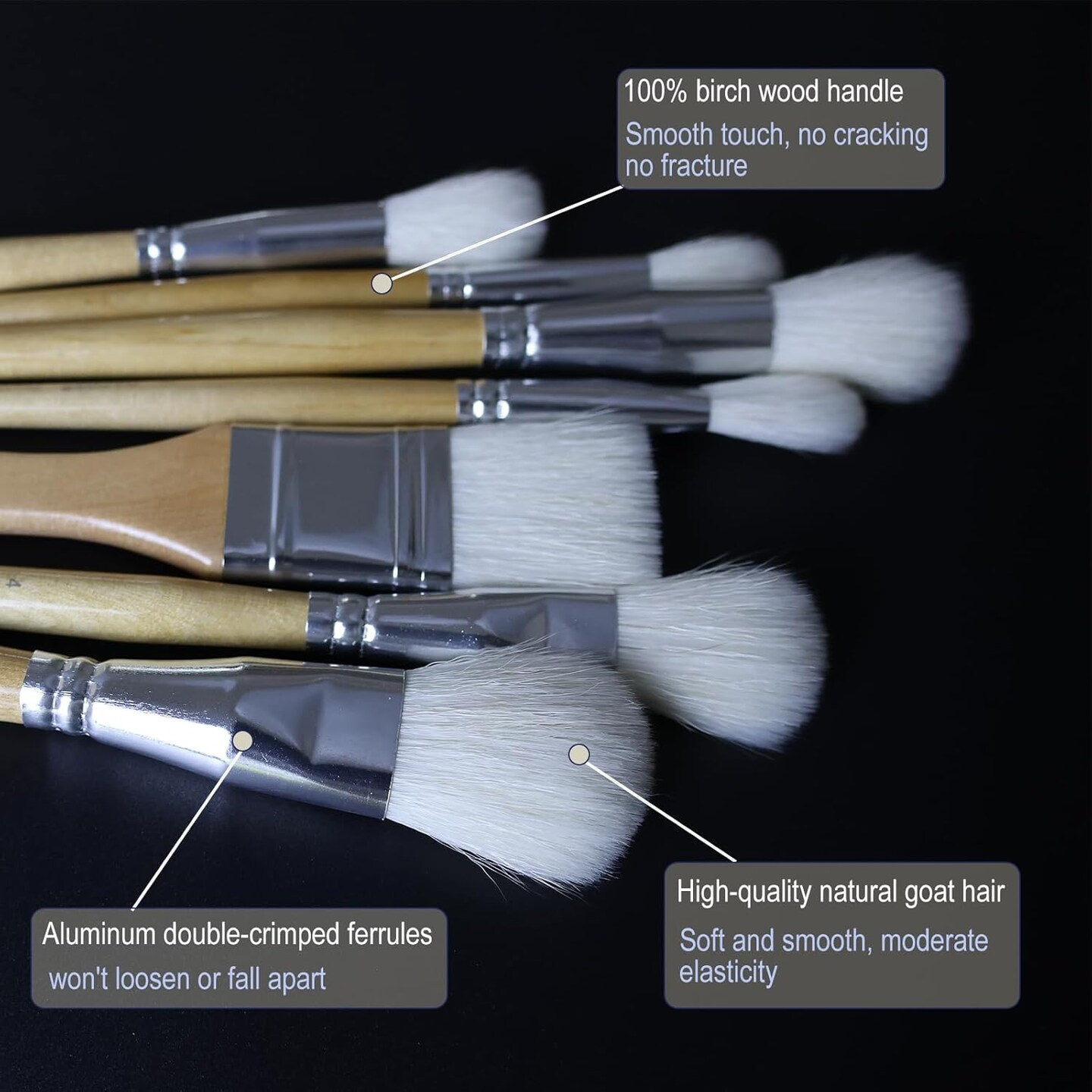 Brush Set, 7 Pieces Versatile Goat Hair Blending Mop Brushes for Acrylic Painting Wartercolor Foil Gold Leaf Flakes Sheets