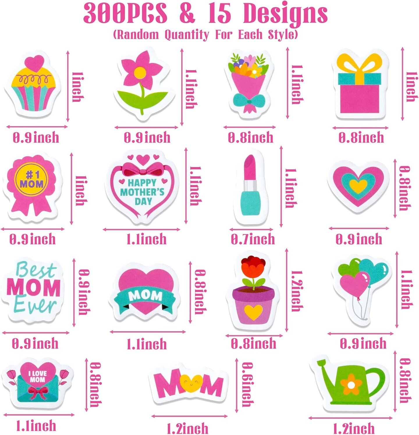Mother’s Day Cartoon Foam Sticker - Haooryx 300pcs Happy Mother’s Day Foam Stickers Flower Pink Heart-Shape Self Adhesive EVA Stickers I Love Mom 3D Puffy Sticker for Giftwrap Card Envelope Decor