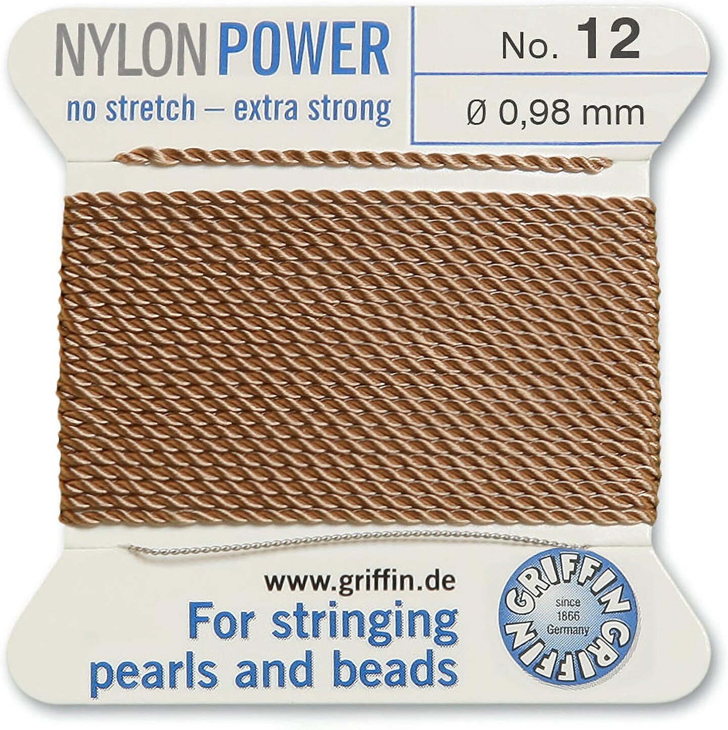 Griffin Nylon Bead Cord Perlseide – Size 12 (0.98mm) – 2 Meters per Card – Stainless Steel Needle Attached – for Knotting Pearls, Gemstones, Crystals and Beads