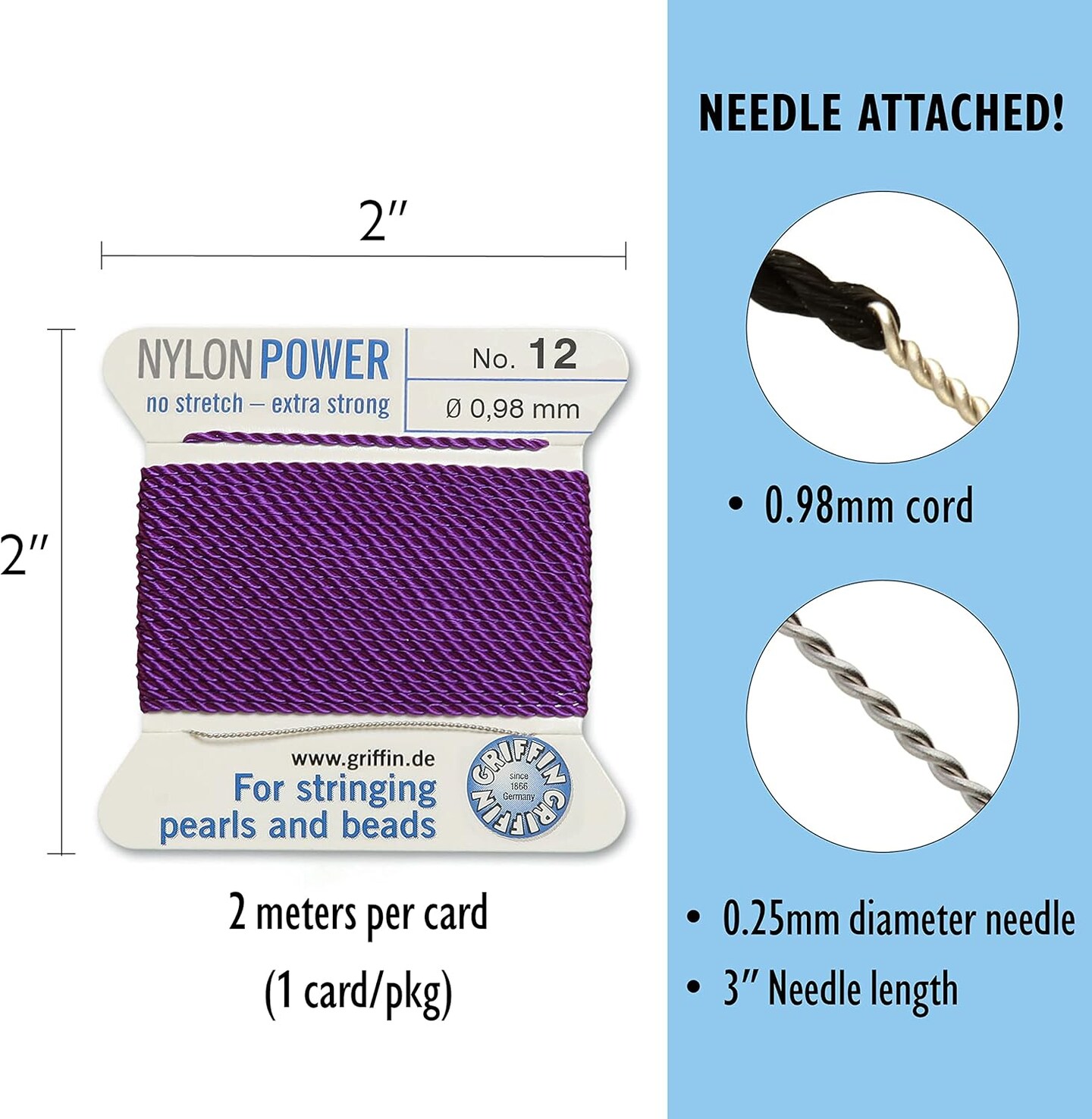 Griffin Nylon Bead Cord Perlseide – Size 12 (0.98mm) – 2 Meters per Card – Stainless Steel Needle Attached – for Knotting Pearls, Gemstones, Crystals and Beads