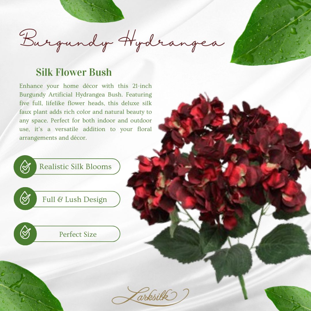 21" Burgundy Hydrangea Bush 5 Silk Heads Faux Floral for Indoor/Outdoor Home & Event Decor