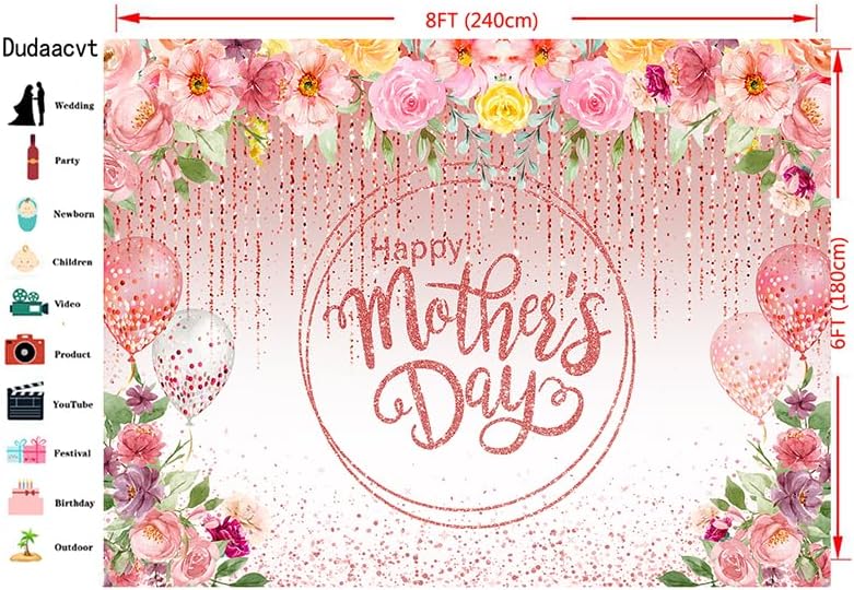 8x6FT Happy Mothers Day Backdrop Mother&#x27;s Day Pink Flower