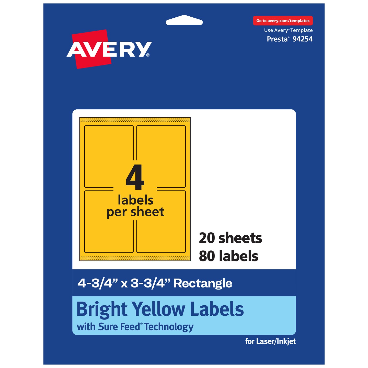 Avery Bright Yellow Paper Labels, 4.75&#x22; x 3.75&#x22; Rectangle