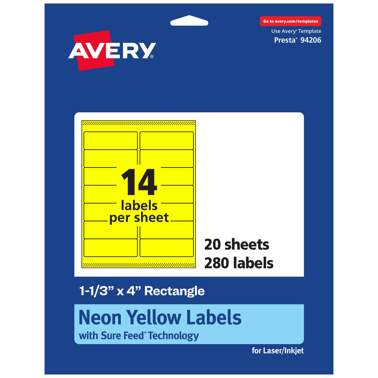 Avery Neon Yellow Paper Labels, 1-1/3&#x22; x 4&#x22; Rectangle