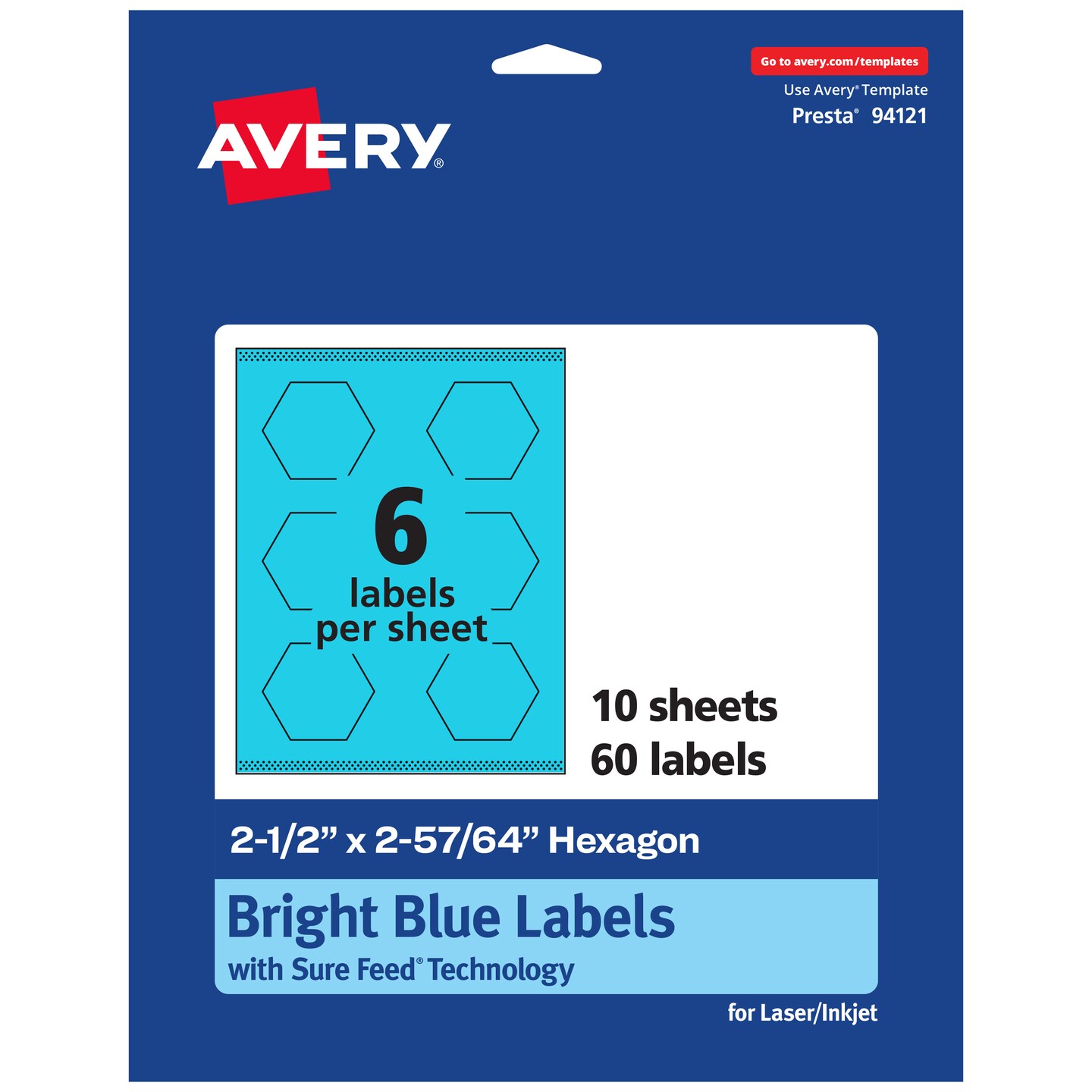 Avery Bright Blue Paper Labels, 2-1/2&#x22; x 2-57/64&#x22; Hexagon