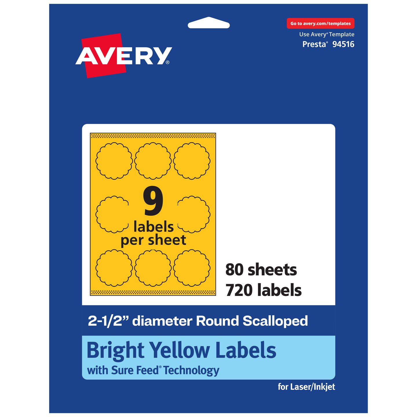 Avery Bright Yellow Paper Labels, 2.5&#x22; Diameter Round Scalloped