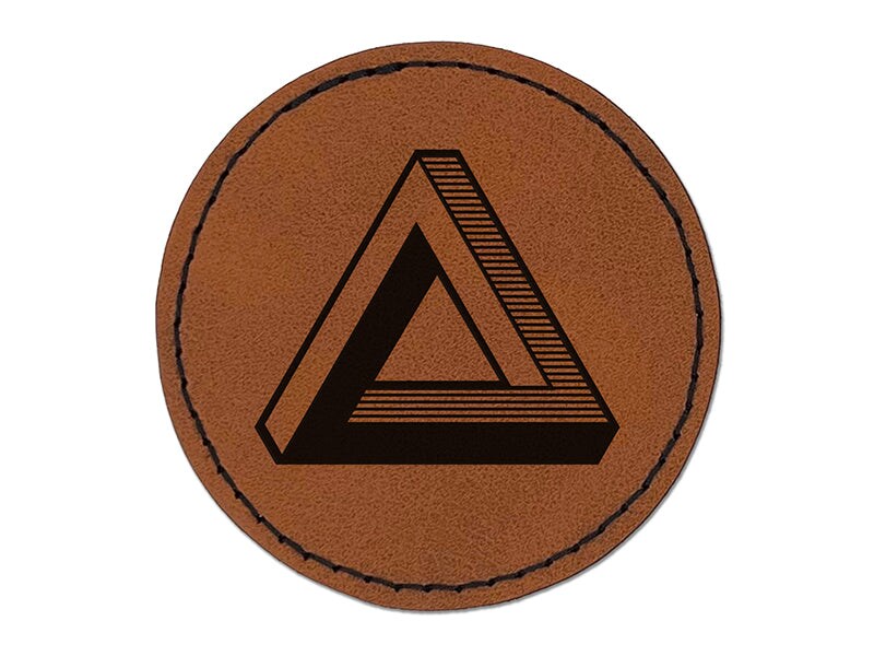 Infinite Penrose Triangle Tribar Optical Illusion Round Iron-On Engraved Faux Leather Patch Applique - 2.5&#x22;