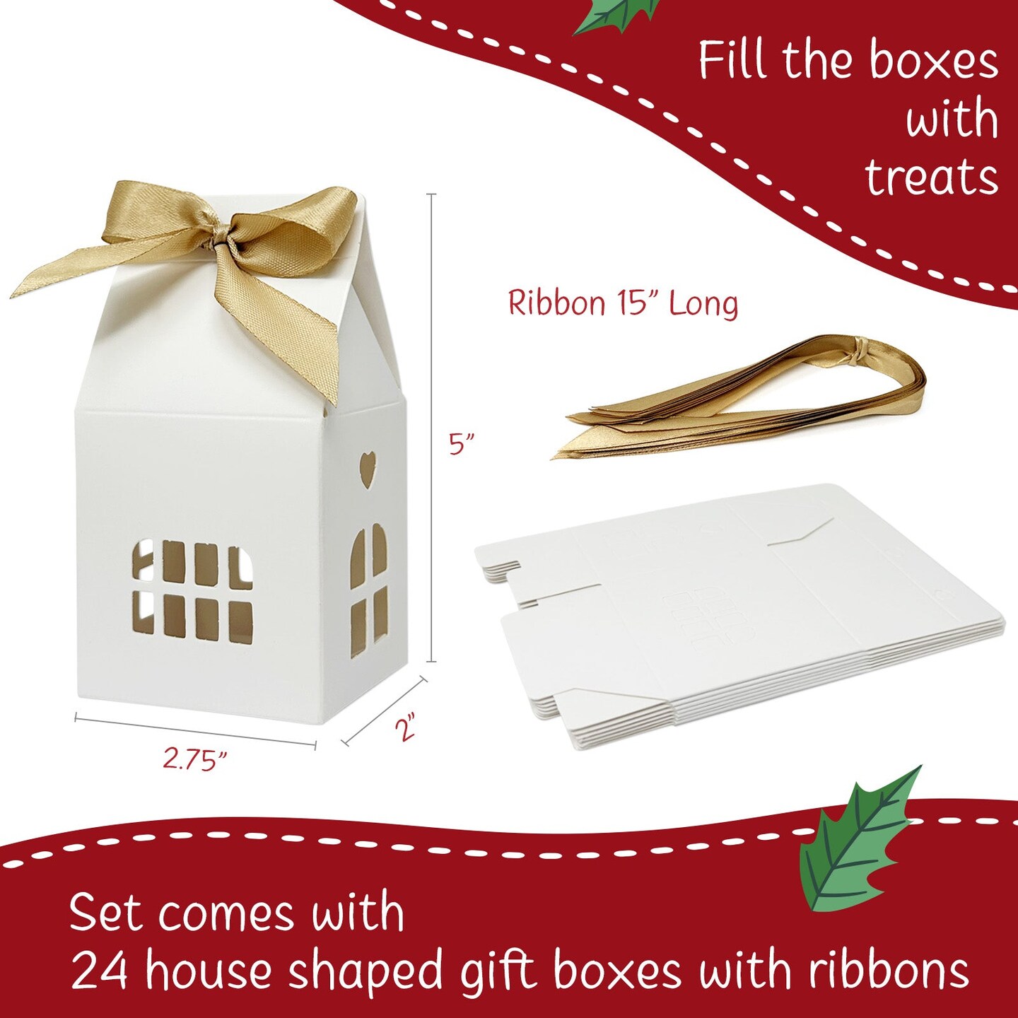 Wrapables House Shaped Gift Boxes with Ribbons for Weddings, Housewarming, Cookies, Candies, Treats, Party Favors (Set of 24)