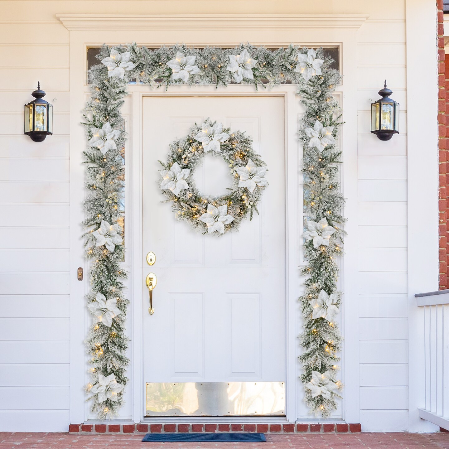 Set of 3 24&#x22;D Pre-Lit Christmas Wreath and 9FT Garland, with Warm White LED Lights with Timer, Three Function