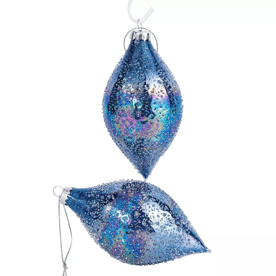 SET OF 2 Blue Icicle Ornaments, Glass Christmas Ornaments Set 2.8"x 5.1"
