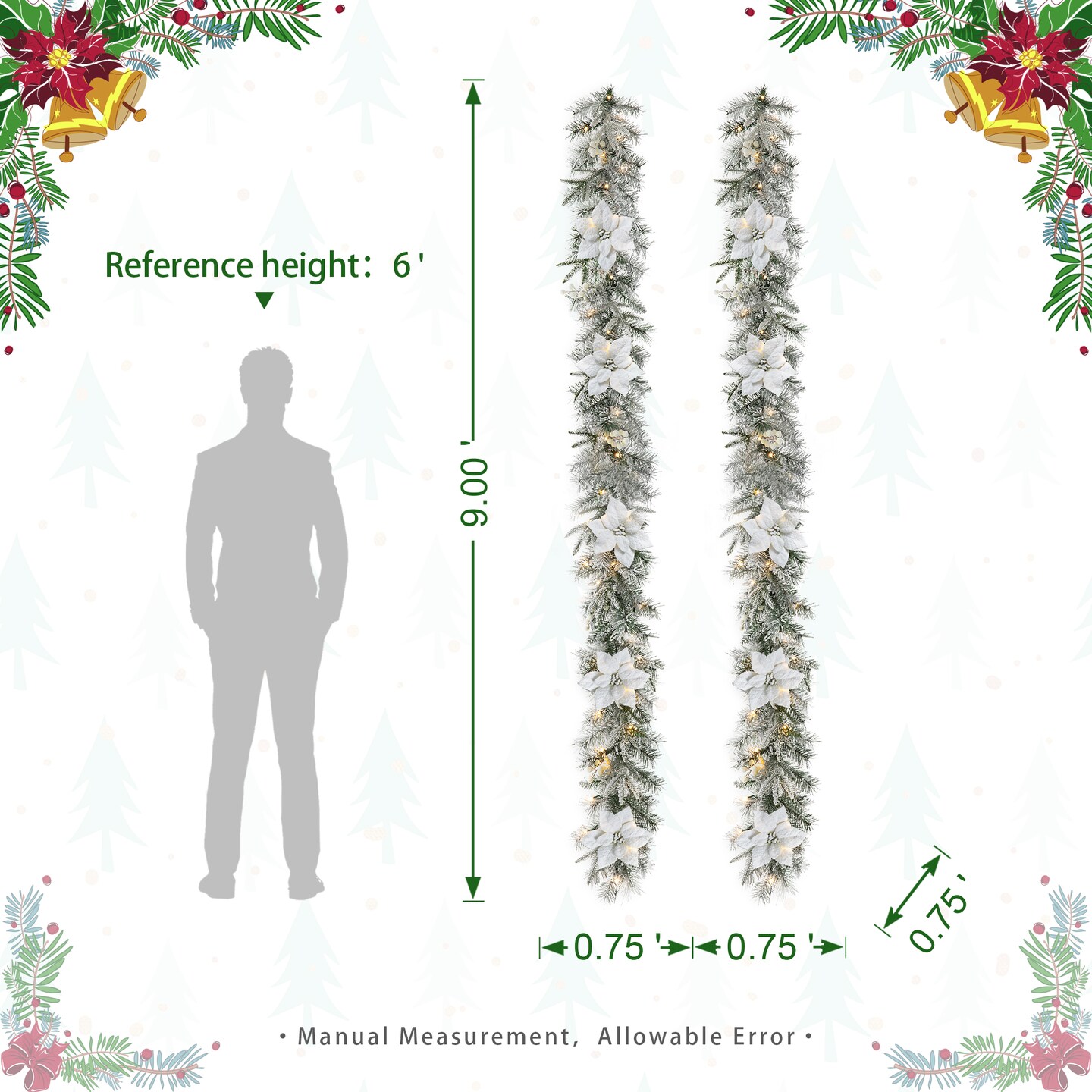 Set of 3 24&#x22;D Pre-Lit Christmas Wreath and 9FT Garland, with Warm White LED Lights with Timer, Three Function