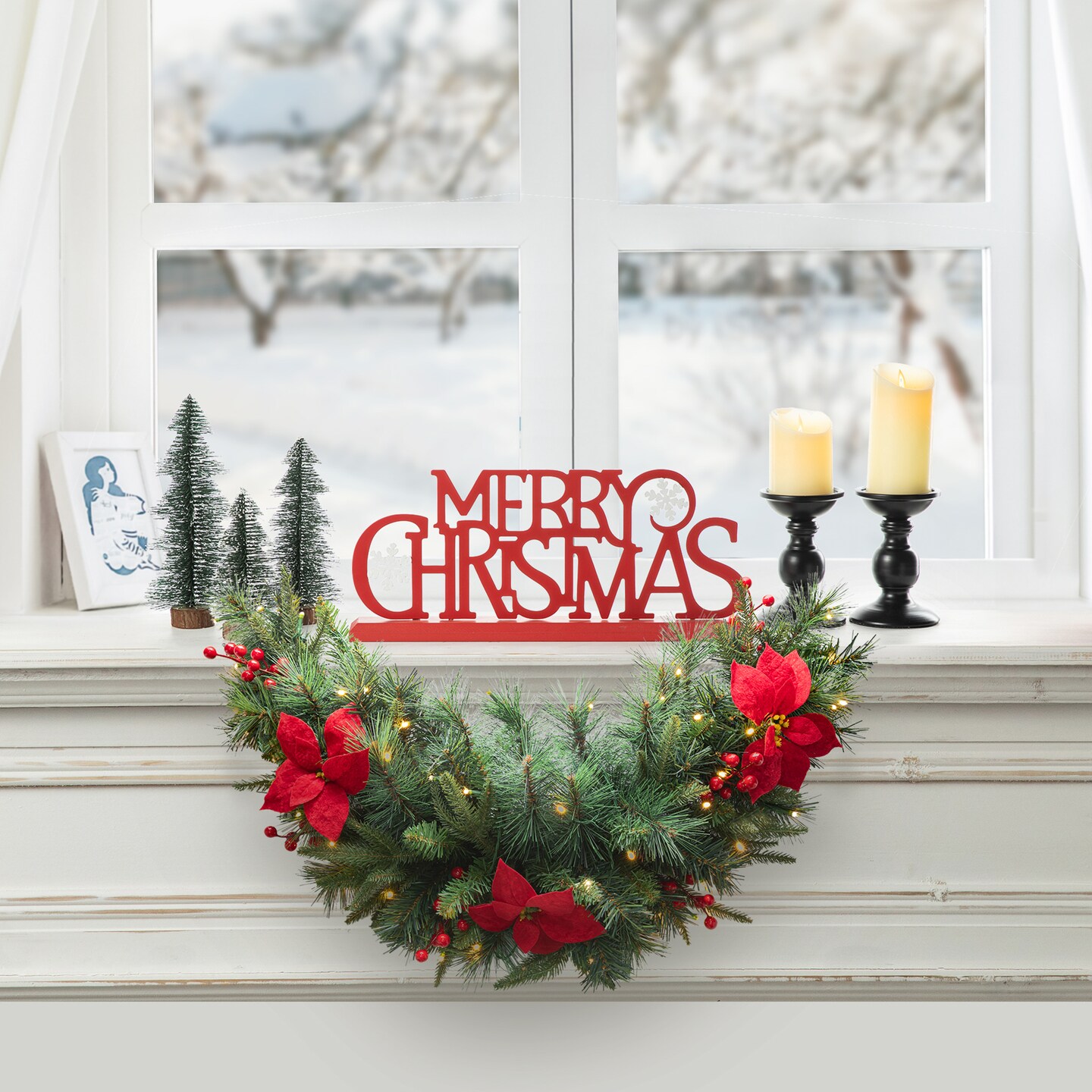 Set of 2 Pre-Lit Christmas Swag, with 50 Warm White LED Lights, Three Function