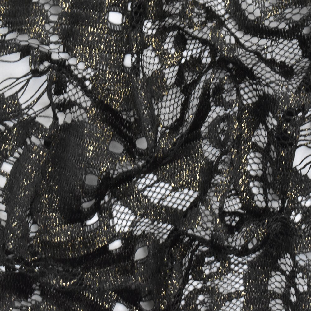 Onyx Black-Gold Printed Texture Fancy Scallop Lace Knit Fabric By the Yard