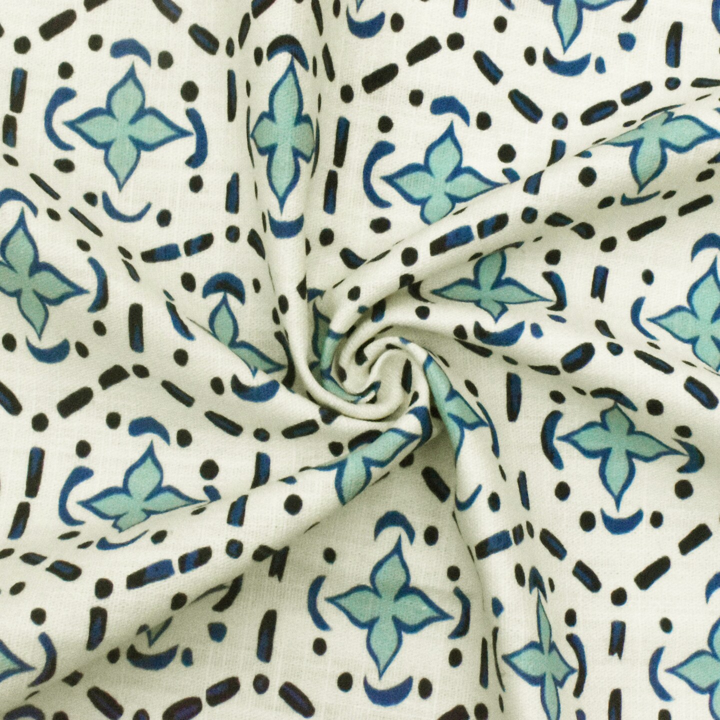 Aqua Teal-Blue Abstract Tile Printed Slub Woven Decorating Fabric By the Yard