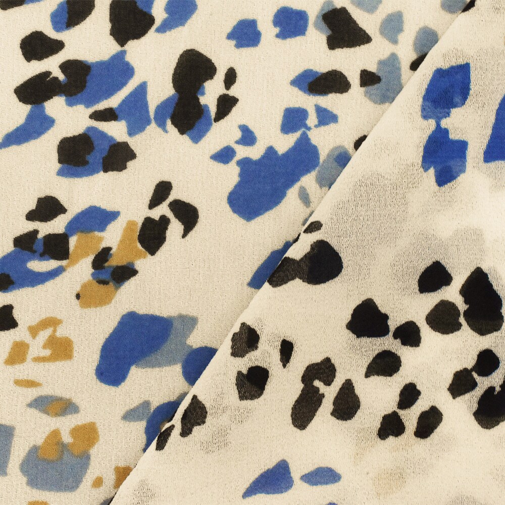 Ivory-Blue-Multi Abstract Printed Poly Chiffon Woven Fabric By the Yard