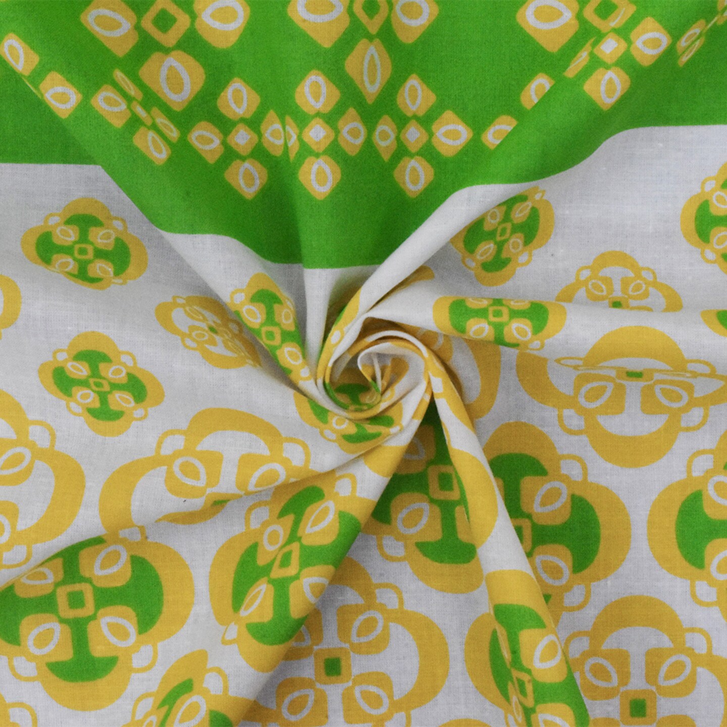 Ivory-Yellow-Green Striped Quatrefoil Printed Cotton Voile Woven Fabric By the Yard