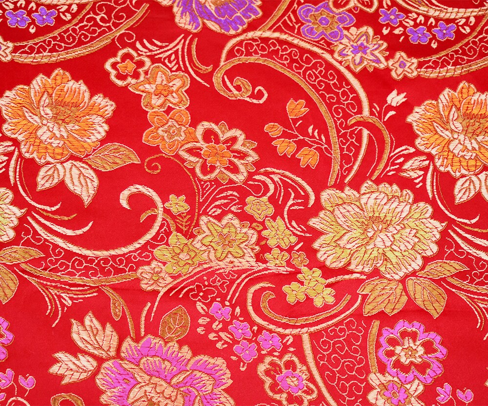 Red-Beige-Multi Polyester Floral Chinese Brocade Woven Fabric By the Yard
