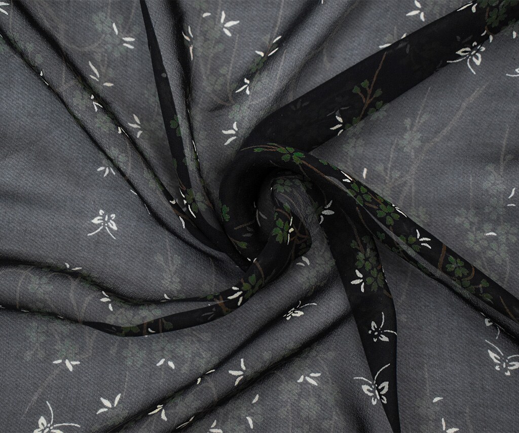 Black-Green-Multi Silk Butterfly Floral Printed Chiffon Woven Fabric By the Yard