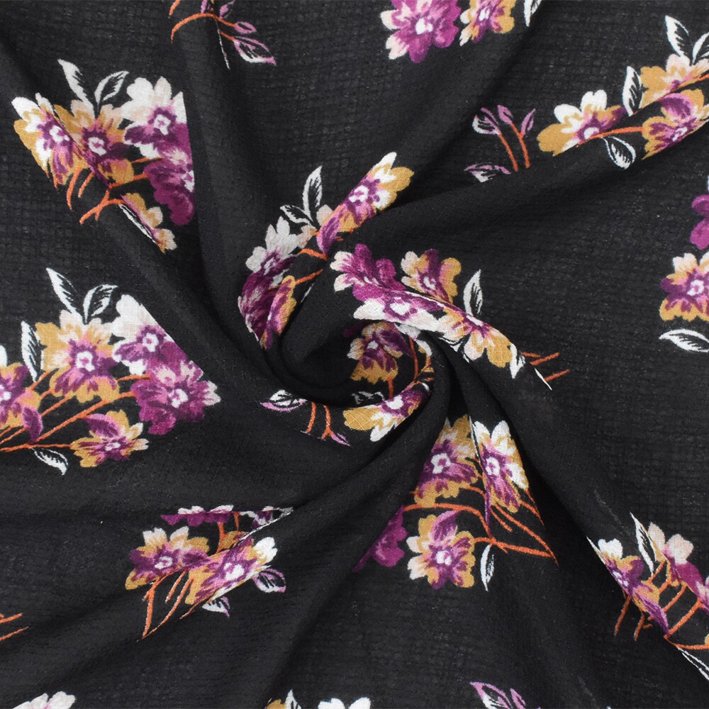 Black-Purple-Multi Floral Printed Poly Grid Slub Chiffon Woven Fabric By the Yard