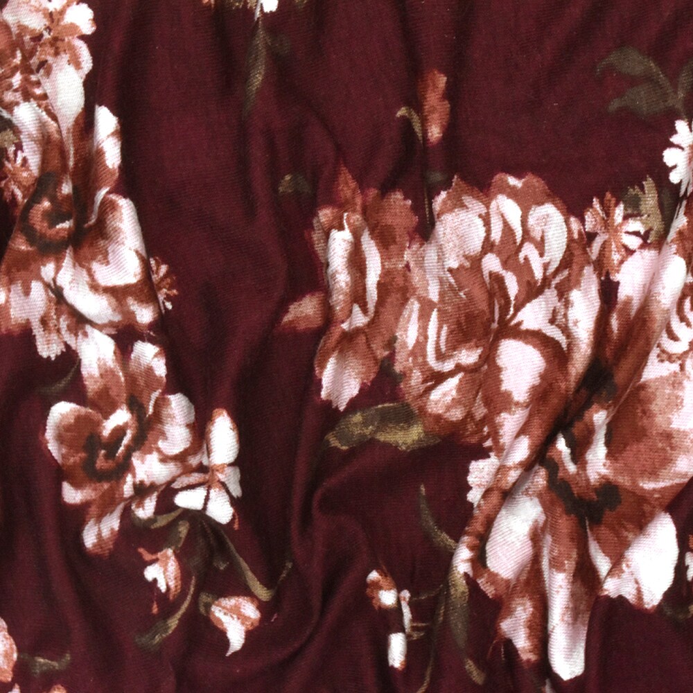 Maroon Red-Brown-Multi Floral Printed Rayon Stretch Jersey Knit Fabric By the Yard
