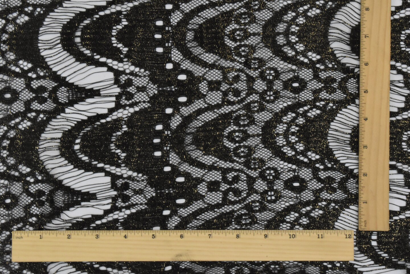 Onyx Black-Gold Printed Texture Fancy Scallop Lace Knit Fabric By the Yard