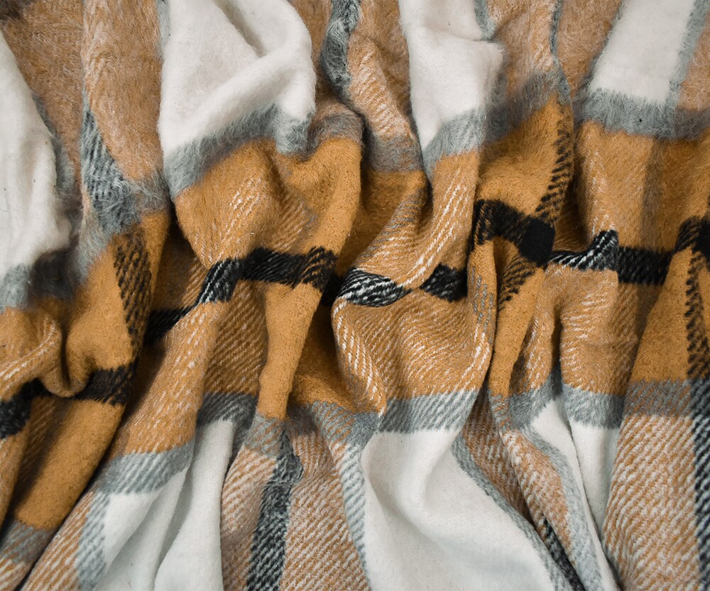 Brown-Multi Poly-Wool Single Sided Brush Plaid Woven Jacketing Fabric By the Yard