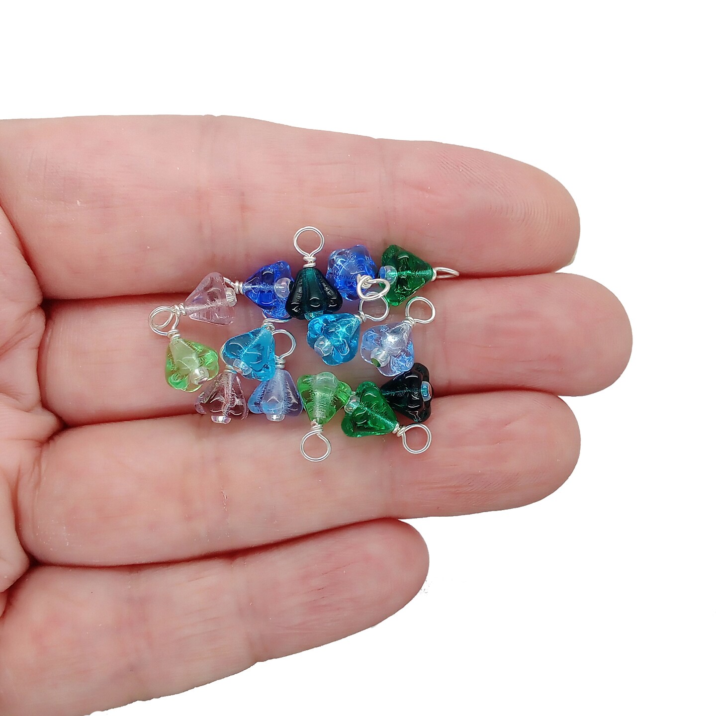 Tiny Glass Flower Dangle Charms, 14 pc, Pairs of Blue Green & Purple, Adorabilities