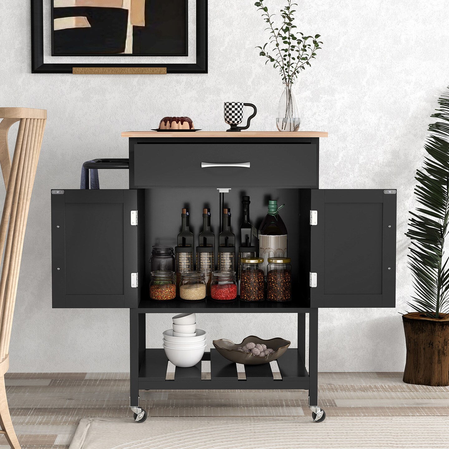 Rolling Kitchen Island Cart with Storage Cabinet Pull-Out Drawer Bottom Tray and Smooth Casters